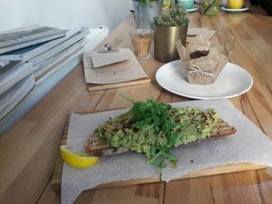 mashed avocado and chocolate muffin at Coffee Room in Prague