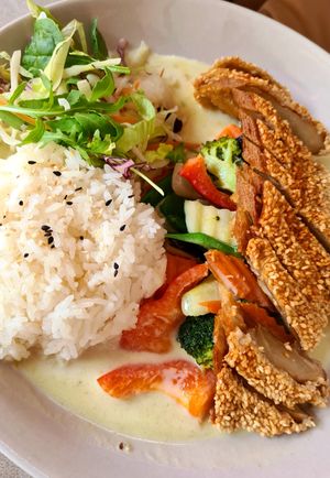 Rice dish with fake duck at +84 Asian Restaurant in Berlin