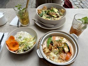 Vegan massaman tofu curry with rice. Can’t remember what the soup was other than vegan and delicious.   at +84 Asian Restaurant in Berlin