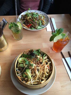 Tofu, seitan with noodles. Golden girl drink. at +84 Asian Restaurant in Berlin