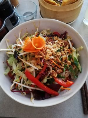 Vegan Vietnamese rice noodles with bio-tofu and seitan at +84 Asian Restaurant in Berlin