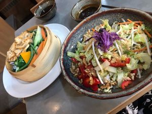 Udon noodles and a salad at +84 Asian Restaurant in Berlin