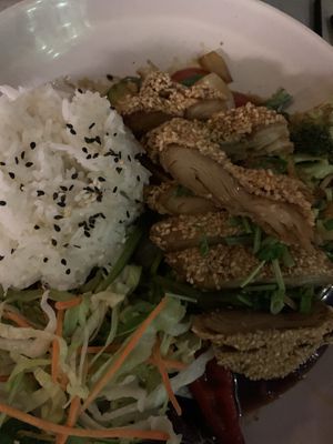  Dau Nam: Rice dish with mock “duck” covered with sesame seeds, vegetables, mushrooms in ginger sauce at +84 Asian Restaurant in Berlin