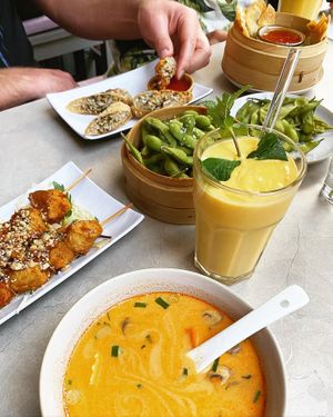 Tom Kha Suppe, Hühnerspieße (vegan) mit Erdnusssauce, Edamame, gefülltes Reispapier, Mangolassi, Gyoza at +84 Asian Restaurant in Berlin