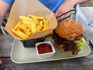 Beyond meat burger with fries  at Veggiezz - Opernring in Vienna