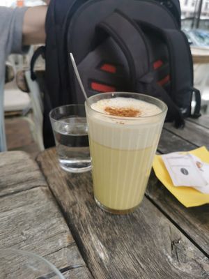 Golden turmeric latte, nice and creamy but a little bland at Veggiezz - Opernring in Vienna