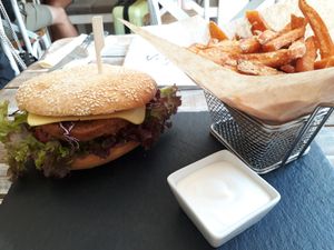 Farmer's burger with  sweet potatoes and extra vegan mayo sauce   at Veggiezz - Opernring in Vienna