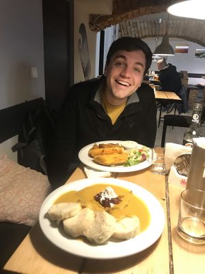 Fried cheese, wedges and my husband .  at Waipawa - Letna in Prague