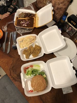 Soy goulash with bramboráky, robi schnitzel with potato salad and bbq burger! All delicious  at Waipawa - Letna in Prague