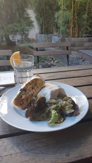 Tortilla seitan strips with free glass of water at Waipawa - Letna in Prague