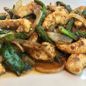 Vegan Shrimp in Lemongrass Sauce served with white rice.  at Vietnam's Central in Scarsdale