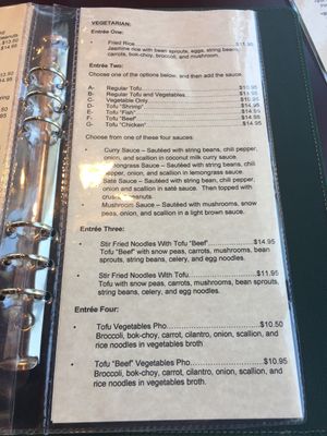 Vegetarian Menu which is almost entirely vegan minus the vegetarian beef.  at Vietnam's Central in Scarsdale