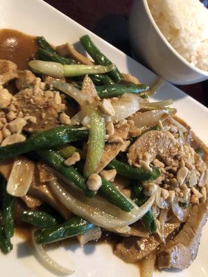 Vegan chicken with satay sauce and white  rice  at Vietnam's Central in Scarsdale
