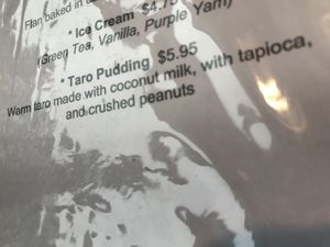 Taro pudding on dessert menu at Vietnam's Central in Scarsdale