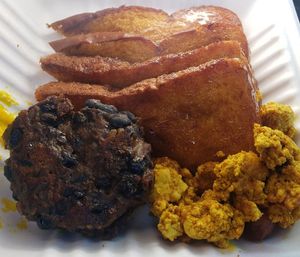 Vegan French Toast combo with plant-based sausage & eggs #Veganuary at The Modern Tea Room in Lancaster