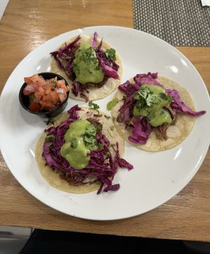 Vegan jackfruit tacos (I subbed the chipotle crema for avo salsa)  at The Modern Tea Room in Lancaster