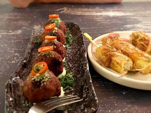 Cauliflower popcorn and todu skewers with peanut and pickles at Monsoon Thai Fusion in Battery Point