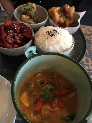 Panang curry in front & bbq bento. at Monsoon Thai Fusion in Battery Point
