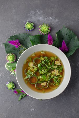 Verde soup with vegan homemade nut parmesan  at Verde Cafe in Moscow