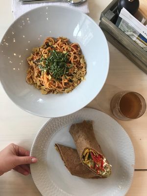 Our amazing lunch: veggie pasta and roll
 at Verde Cafe in Moscow
