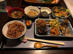 Vegan dinner plate with miso soup, liquid tofu, etc. Perfect portion for a reasonable price. at Cafe 85 in Kyoto