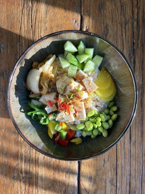 Spicy silken Tofu rice Bowl  at Graze in Bowness-on-windermere