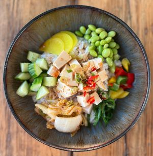Silken tofu healthy rice bowl at Graze in Bowness-on-windermere