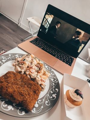 Schnitzel and potato salad + cupcake  at The Judgy Vegan in Brussels