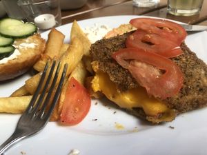 Cheesey burger inside   at The Judgy Vegan in Brussels