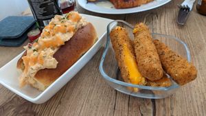 Lobster roll and cheese sticks at The Judgy Vegan in Brussels