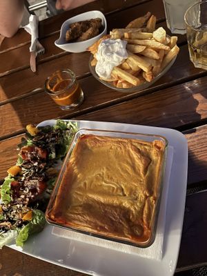 vegan Lasagna, fries & seitan wings   at The Judgy Vegan in Brussels