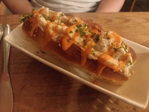 Vegan Lobster Roll: Heart of palm, herbs and mayonnaise in a homemade bread (starter, 9 €). at The Judgy Vegan in Brussels