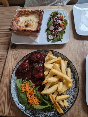 Lasagna, seitan meatballs at The Judgy Vegan in Brussels