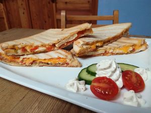 Our double grilled sandwich (breaded tofu, vegan cheese, tomatoes, mayo) is available at the price of 6,5€ at The Judgy Vegan in Brussels
