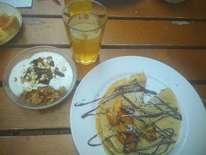 we enjoyed these Delicious pancakes on the terrace at The Judgy Vegan in Brussels