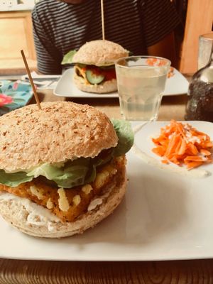 Cheesus burger and potato burger  at The Judgy Vegan in Brussels