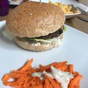 mushroom-tofu burger.  at The Judgy Vegan in Brussels