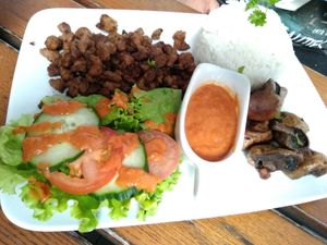 Dish of the day: grilled mushrooms and soybeans with rice and sauce at The Judgy Vegan in Brussels