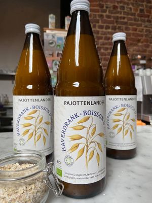 New in our minishop, oat milk in glass bottles at The Judgy Vegan in Brussels