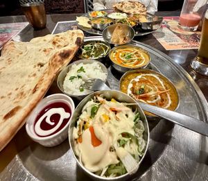 Vegan and vegetarian thalis with rose lassi drink
 at Namaskar in Sendai