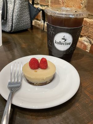 Vegan raspberry cheesecake and iced coffee  at Kollective Coffee & Tea in Hot Springs