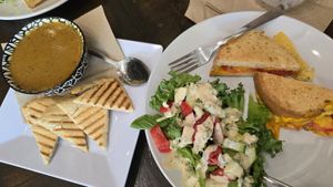 Squash soup and vegan grilled cheese with salad with dairy free ranch dressing at Kollective Coffee & Tea in Hot Springs