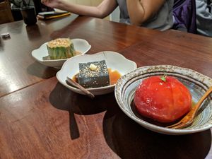 Entrees. Winter veg and sesame sauce, sesame tofu, marinated tomato at Hoshina 穗科 - Zhongshan District in Taipei