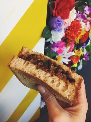 Vegan cheese and haggis toastie! at In Bloom in Glasgow