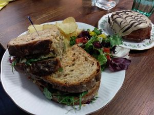 Haggis and cheese sandwich and salted caramel donut at In Bloom in Glasgow