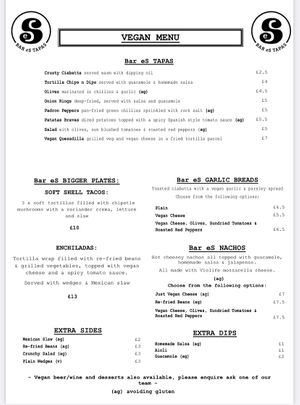 Vegan Menu at eS Bar in Keswick