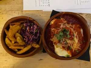 Vegan Enchiladas with wedges and slaw at eS Bar in Keswick