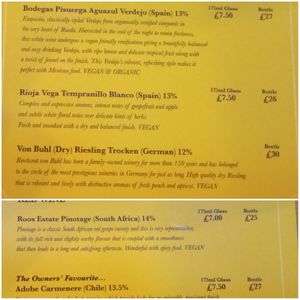 Vegan wines at eS Bar in Keswick