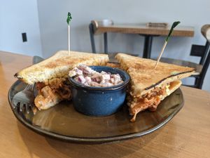 Bbq jackfruit sandwich and side of chikn salad at Kornerstone in East Aurora