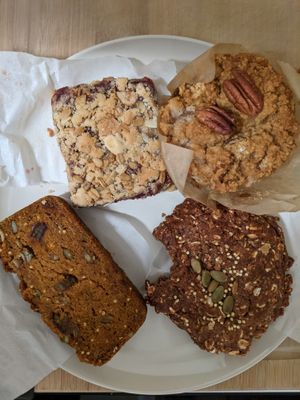 pear slice, raspberry crumble slice, muffin, breakfast cookie (I couldn't wait to taste it) at Whole Glow Cafe in Cumberland